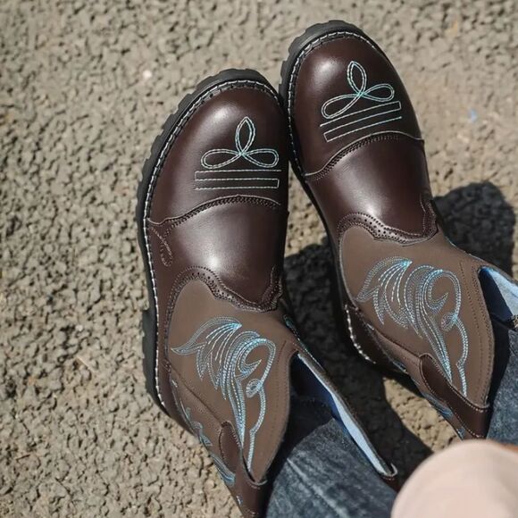 Brown and Teal Heeled Cowgirl Western Boots - Picture 4 of 6